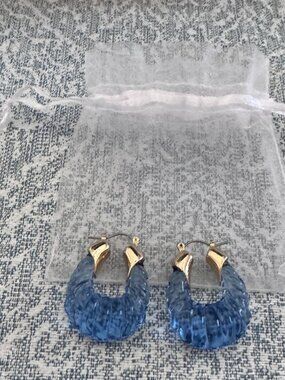 Chic Textured Translucent Blue Glass Chunky Hoop Earrings Gold